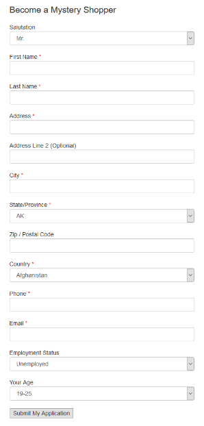 Become A Mystery Shopper form example