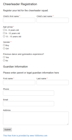 Cheerleader Registration form example