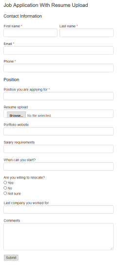 Job Application With Resume Upload form (Pro) example
