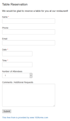 Table Reservation form example