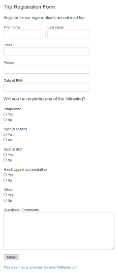 Trip Registration form example