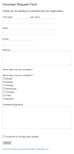 Volunteer Request form example