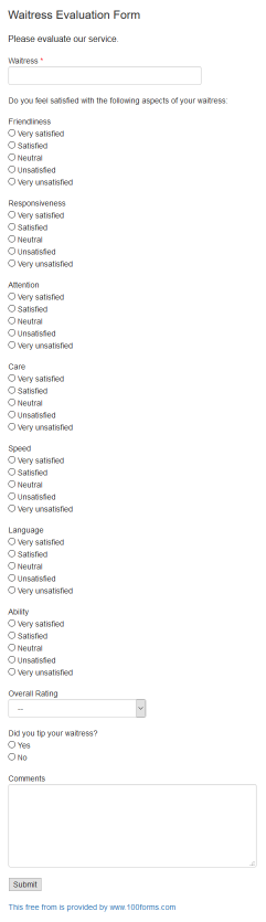 Waitress Evaluation form example